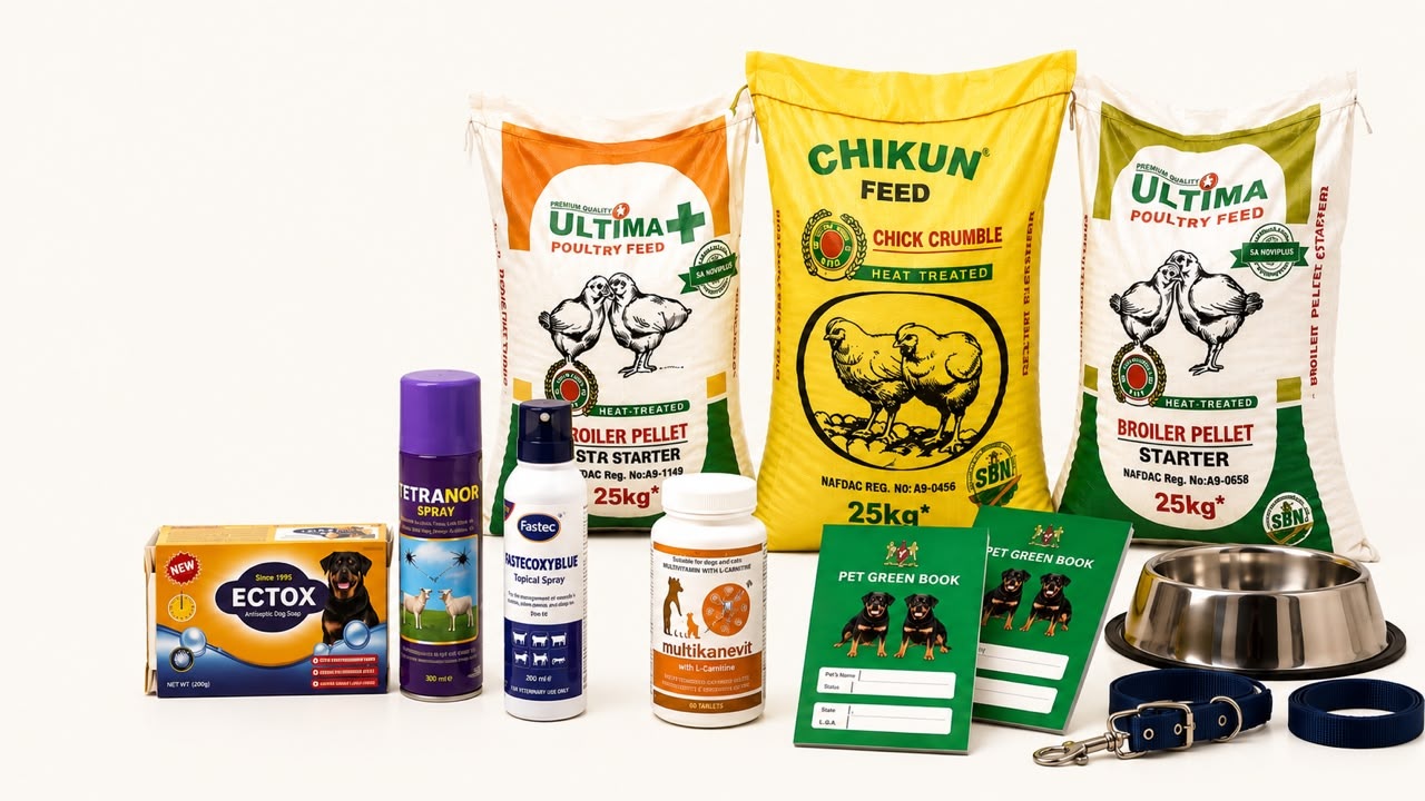 TimTam Agrovet product lineup: Ultima and Chikun poultry feed bags with Ectox, Tetranorspray, Fastecoxyblue, Multikanevit, Pet Green Book and pet collars